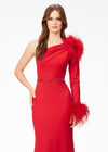 Front. Red ASHLEYlauren 11131 One-Shoulder Scuba Gown with Feather Details, Heat-Set Stones, Crystal Belt, and Elegant Train