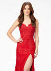 Front. Red ASHLEYlauren 11145 Lace Gown with Spaghetti Straps, Lace Applique, Heat Press Stones, Lace-Up Back, and Left Leg Slit