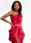 Front. Red ASHLEYlauren 11164 One-Shoulder Satin Gown with Ruched Bustier, Crystal Belt Waistline, Draped Side Detail, Wrap Skirt, and Open Back
