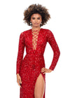Front. Red ASHLEYlauren 11241 Fully Sequin Fitted Gown with Lace-Up Bustier, Long Sleeves, and Left Leg Slit