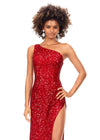 Front. Red ASHLEYlauren 11285 One Shoulder Sequin Gown with Adjustable Straps, Keyhole Back Cut Out, Fully Hand Beaded Design, and Left Leg Slit