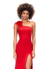 Front. Red ASHLEYlauren 1129 one shoulder scuba gown featuring feather-embellished neckline, heat set stones cascading down the skirt, and a left leg slit for a bold and elegant look.