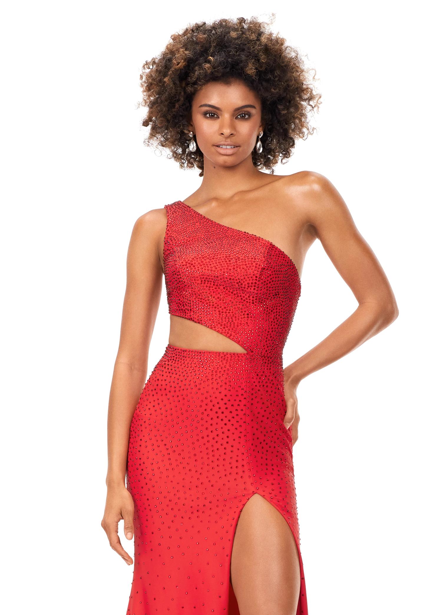Front. Red ASHLEYlauren 11337 One Shoulder Fitted Jersey Gown Embellished with Heat Set Stones, Asymmetrical Shark Bite Cut Out, and Left Leg Slit
