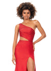 Front. Red ASHLEYlauren 11337 One Shoulder Fitted Jersey Gown Embellished with Heat Set Stones, Asymmetrical Shark Bite Cut Out, and Left Leg Slit