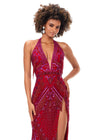Front. Red ASHLEYlauren 11341 stunning hand-beaded gown featuring a deep V-neckline halter top, intricate bead pattern, fringe accents, an open back, and a left leg slit for a bold and glamorous look.
