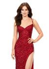 Front. Red ASHLEYlauren 11342 sequin gown featuring double spaghetti straps, a sweetheart neckline, lace-up back with beaded fringe tassels, and a left leg slit for a glamorous and elegant look.