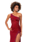 Front. Red ASHLEYlauren 11352 liquid beaded gown featuring a one shoulder neckline with crystal trim, a left leg slit, and a sweep train for an elegant and sophisticated look.