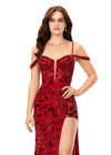Front. Red ASHLEYlauren 11365 stunning fully hand-beaded gown featuring a sweetheart neckline, intricate beadwork throughout the corset bustier, a fitted skirt with a left leg slit, elegant draped straps, and a sweep train for a sophisticated and glamorous look.