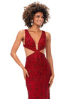 Front. Red ASHLEYlauren 11366 stunning hand-beaded gown featuring a deep V-neckline, intricate bead pattern, side cut outs, a lace-up open back, and a sweep train for a bold and glamorous statement look.