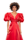 Front. Red ASHLEYlauren 11378 Elegant Shimmer Satin A-Line Gown with V-Neckline, V-Back, Oversized Puff Sleeves, and Heat Set Detailed Waistband