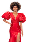 Front. Red ASHLEYlauren 11379 Shimmer Satin Fitted Gown with V-Neckline, Lace-Up Back, Oversized Puff Sleeves, and Scattered Heat Set Stone Waistband