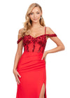 Front. Red ASHLEYlauren 11391 standout evening gown featuring a sweetheart neckline, off shoulder straps, beaded corset details, and a sleek jersey skirt for an elegant and sophisticated look.