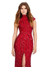 Front. Red ASHLEYlauren 11395 fully beaded sequin gown featuring an intricate beaded motif, high neckline, cap sleeves, and a modest front slit for an elegant and regal look.