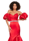 Front. Red ASHLEYlauren 11419 Strapless Satin Gown with Sweetheart Neckline, Voluminous Puff Sleeves, Mermaid Silhouette, and Sparkling Jeweled Belt