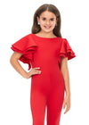 Front. Red ASHLEYlauren Kids 8156 versatile scuba jumpsuit featuring a classic crew neckline, playful ruffle sleeves, and flare bottom pants for a fun and stylish look.