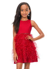 Front. Red ASHLEYlauren Kids 8176 fabulous feather cocktail dress featuring a crew neckline, open back, crystal-encrusted waistband, and a full feather skirt accented with scattered crystals for a glamorous and standout look.