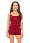 Front. Red ASHLEYlauren Kids 8186 Hand Beaded Romper with 3D Appliques and Fringe Details