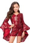 Front. Red ASHLEYlauren Kids 8188 Sequin Two-Piece Romper with Bell Sleeve