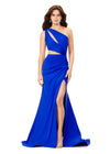 Front. Royal ASHLEYlauren 11303 One Shoulder Jersey Gown with Ruched Bodice, Asymmetrical Cut Outs, Fitted Wrap Skirt, and Exposed Metal Zipper Back
