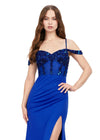 Front. Royal ASHLEYlauren 11391 standout evening gown featuring a sweetheart neckline, off shoulder straps, beaded corset details, and a sleek jersey skirt for an elegant and sophisticated look.
