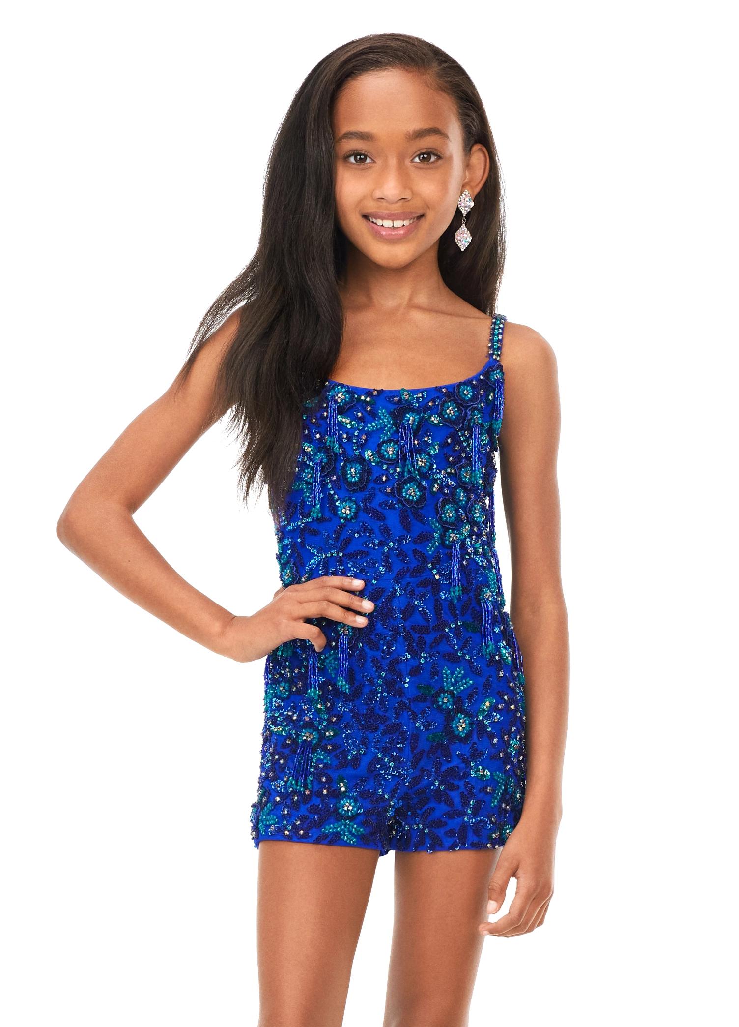 Front. Royal ASHLEYlauren Kids 8186 Hand Beaded Romper with 3D Appliques and Fringe Details