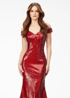 Front. Ruby Red ASHLEYlauren 11107 Off-Shoulder Sequin Gown with Criss-Cross Open Back, Fit & Flare Silhouette, and Horsehair Hem