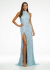 Front. Sky ASHLEYlauren 11174 Fully Hand-Beaded Sequin Gown with Halter Neckline, Full Back, and Right Leg Slit