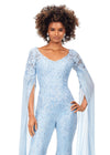 Front. Sky ASHLEYlauren 11254 statement-making jumpsuit featuring a V-neckline bustier, intricate lace applique, sequin embellishments, and dramatic chiffon floor-length sleeves for a bold and glamorous entrance.
