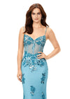 Front. Sky ASHLEYlauren 11362 elegant spaghetti strap gown featuring a sweetheart neckline, sheer illusion bustier adorned with intricate sequin details that cascade onto the skirt and hemline, and a sweep train for a glamorous and sophisticated look.