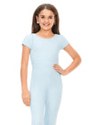 Front. Sky ASHLEYlauren Kids 8157 stylish scuba jumpsuit featuring a crew neckline, cap sleeves, ruched waist detail, and flare pants for a polished and elegant look.