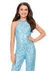 Front. Sky ASHLEYlauren Kids 8194 runway-ready fully beaded jumpsuit featuring a halter neckline and fringe detailing throughout for the perfect amount of movement and glamour.
