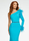 Front. Turquoise ASHLEYlauren 11131 One-Shoulder Scuba Gown with Feather Details, Heat-Set Stones, Crystal Belt, and Elegant Train