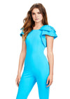 Front. Turquoise ASHLEYlauren 11422 stylish scuba jumpsuit featuring a crew neckline and dramatic oversized bow sleeves for a bold and elegant look.