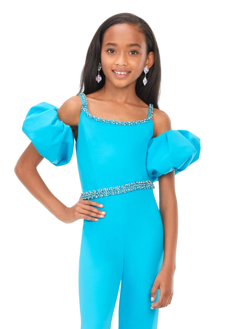 Front. Turquoise ASHLEYlauren Kids 8164 stylish scuba jumpsuit featuring a crew neckline, off shoulder puff sleeves, beaded neckline and waistband for a perfect blend of classy and fabulous.