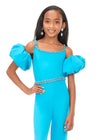 Front. Turquoise ASHLEYlauren Kids 8164 stylish scuba jumpsuit featuring a crew neckline, off shoulder puff sleeves, beaded neckline and waistband for a perfect blend of classy and fabulous.
