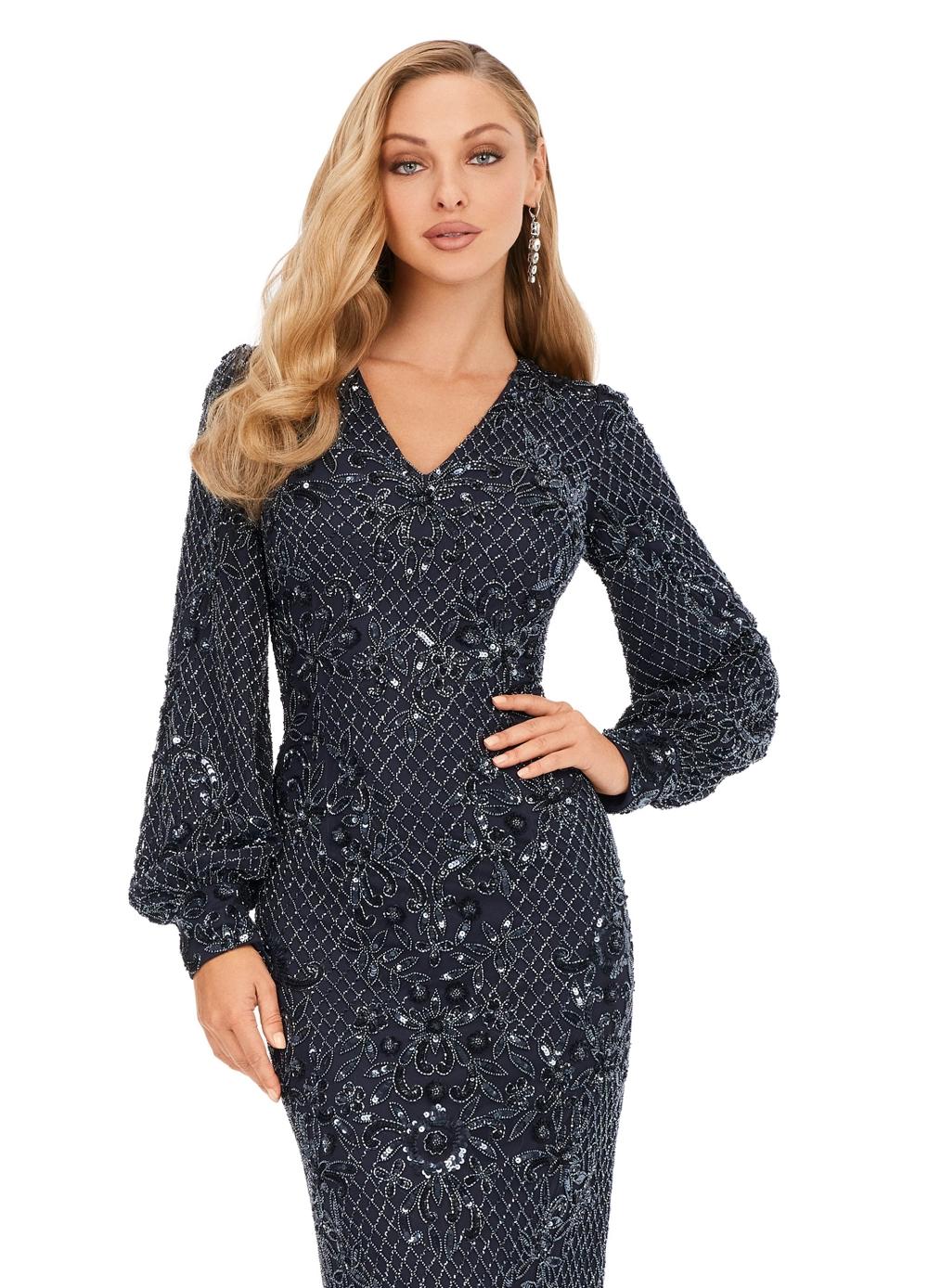 Front. Twilight ASHLEYlauren 11193 Ultra Chic Fully Sequin Gown with Ornate Beading, V-Neckline, Bishop Sleeves, High Zip Back, and Center Back Vent Slit