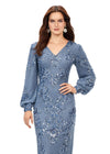Front. Vintage Blue ASHLEYlauren 11193 Ultra Chic Fully Sequin Gown with Ornate Beading, V-Neckline, Bishop Sleeves, High Zip Back, and Center Back Vent Slit