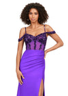 Front. Violet ASHLEYlauren 11391 standout evening gown featuring a sweetheart neckline, off shoulder straps, beaded corset details, and a sleek jersey skirt for an elegant and sophisticated look.