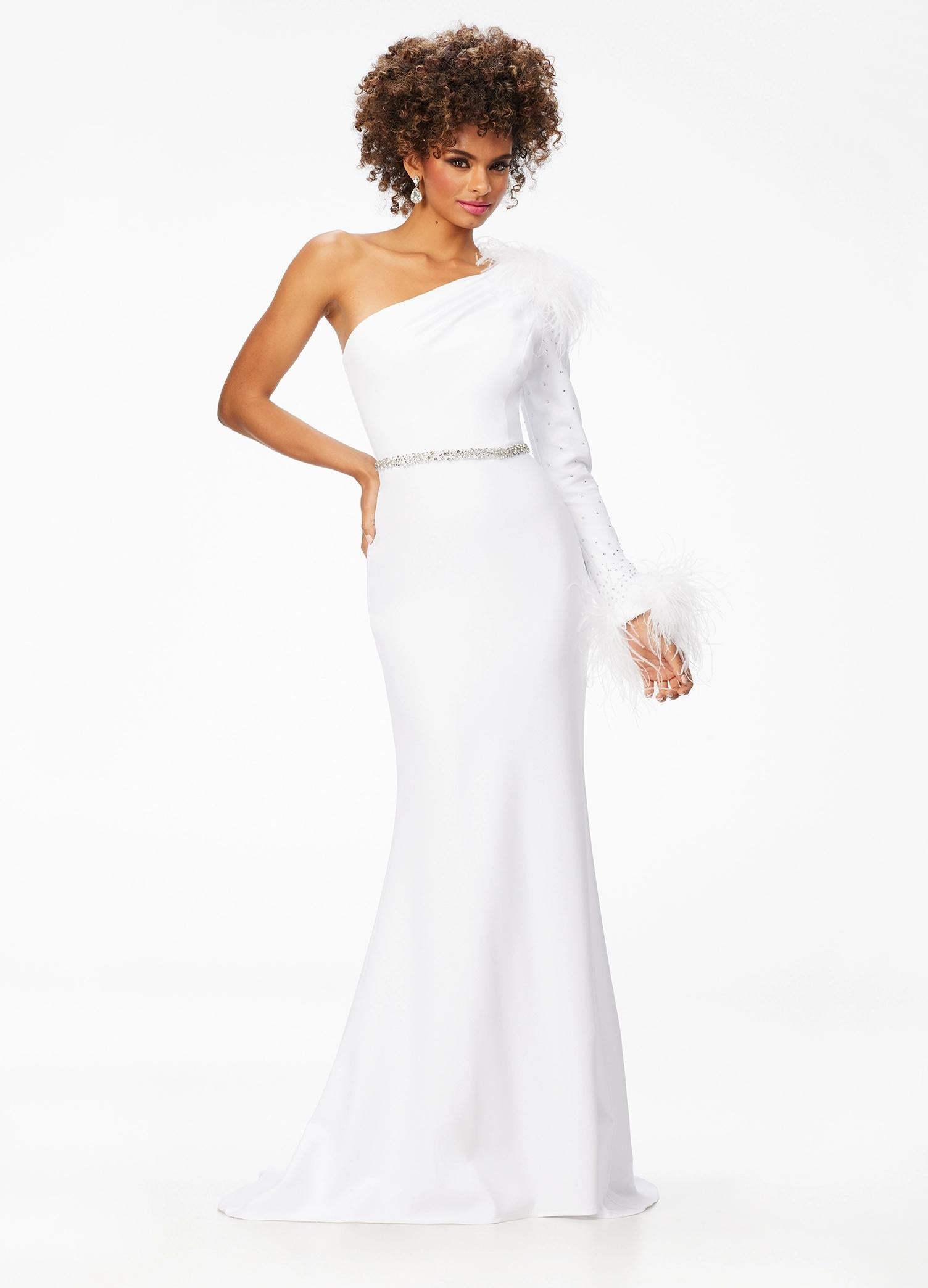 Front. White ASHLEYlauren 11131 One-Shoulder Scuba Gown with Feather Details, Heat-Set Stones, Crystal Belt, and Elegant Train