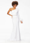 Front. White ASHLEYlauren 11131 One-Shoulder Scuba Gown with Feather Details, Heat-Set Stones, Crystal Belt, and Elegant Train