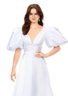 Front. White ASHLEYlauren 11378 Elegant Shimmer Satin A-Line Gown with V-Neckline, V-Back, Oversized Puff Sleeves, and Heat Set Detailed Waistband