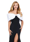 Front. White/Black ASHLEYlauren 11412 elegant scuba gown featuring an off shoulder bustier, oversized bow detail, and a left leg slit for a sophisticated and statement-making look.