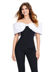 Front. White/Black ASHLEYlauren 11414 chic scuba jumpsuit featuring an off shoulder neckline with an oversized bow for a bold and sophisticated statement look.