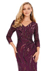Front. Wine ASHLEYlauren 11205 Sophisticated Fitted Gown with V-Neckline, Fully Sequin Beaded Design, Three Quarter Sleeves, High Back, and Sweep Train