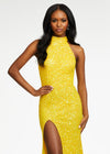 Front. Yellow ASHLEYlauren 11174 Fully Hand-Beaded Sequin Gown with Halter Neckline, Full Back, and Right Leg Slit