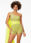 Front. Yellow ASHLEYlauren 11228 One-Shoulder Romper Fully Encrusted with Pearls and Crystals, Featuring a Ruched Wrap Waist and Attached Chiffon Float