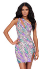 Front -Multi ASHLEYlauren 4683 fully beaded cocktail dress featuring a one shoulder neckline, intricate colorful bead pattern, cut out detail, fitted silhouette, and a left leg slit for a bold and glamorous look.