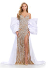 Statement-making off-shoulder cape featuring an oversized bow and flowing overskirt. The perfect accessory to elevate your prom or pageant look with elegance and drama.