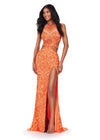 Front - ASHLEYlauren 11501 Coral Fully Beaded High Neckline Gown with Waist Cut Outs and Left Leg Slit