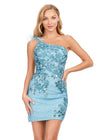 Front - Aqua ASHLEYlauren 4612 fully sequin cocktail dress featuring a one shoulder neckline with feather details, an intricately beaded bustier, and a fitted skirt for a bold and glamorous look.